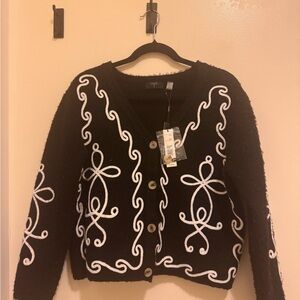 Tahari Black Cardigan with White Embroidery